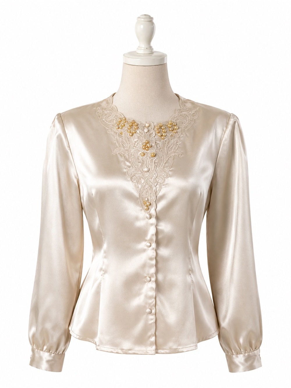NICOLA Sz 12 Ivory Blouse Beaded Satin Lace-Trim Button down